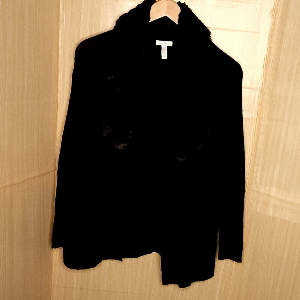 Charter Club Womens Black Open Cardigan Sweater Faux Fur Collar Medium